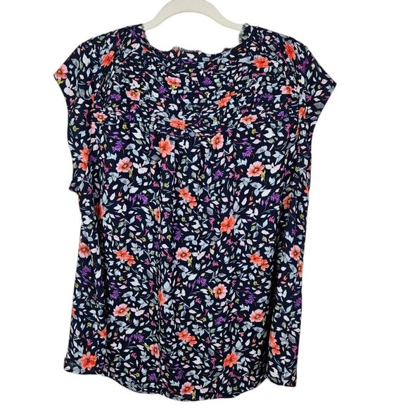 Danielrainn Navy Blue Spring Floral Split Neck Raw Hem Blouse Size 2XL - Picture 3 of 12